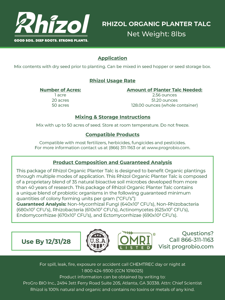 Rhizol Organic- Microbial Infused Planter Talc (50 Acre Container)